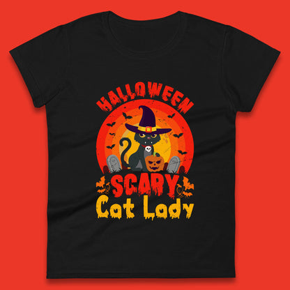 Halloween Scary Cat Lady Horror Spooky Witch Black Cat Lover Womens Tee Top