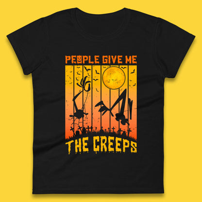 People Give Me The Creep Halloween Horror Scary Graveyards Full moon Flying Bats Womens Tee Top