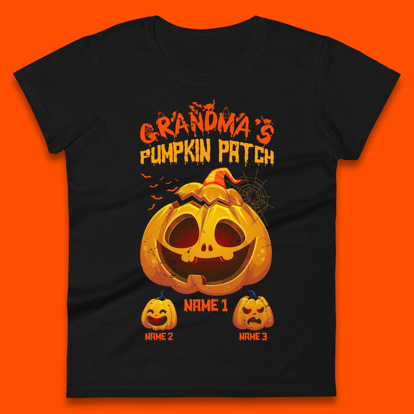 Personalised Grandma's Pumpkin Patch Halloween Grandma Pumpkin With Grandkid Names Gift Womens Tee Top