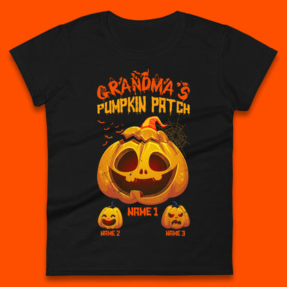 Personalised Grandma's Pumpkin Patch Halloween Grandma Pumpkin With Grandkid Names Gift Womens Tee Top