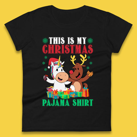 This Is My Christmas Pajama Shirt Christmas Unicorn Reindeer Eating Cookies Xmas Womens Tee Top