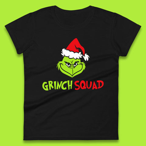Grinch Squad Festive Face of Grinch With Xmas Hat Christmas Green Cartoon Character Womens Tee Top
