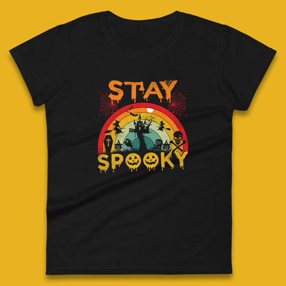 Stay Spooky Vintage Halloween Hunted House Dark Night Full Moon And Flying Bats Womens Tee Top