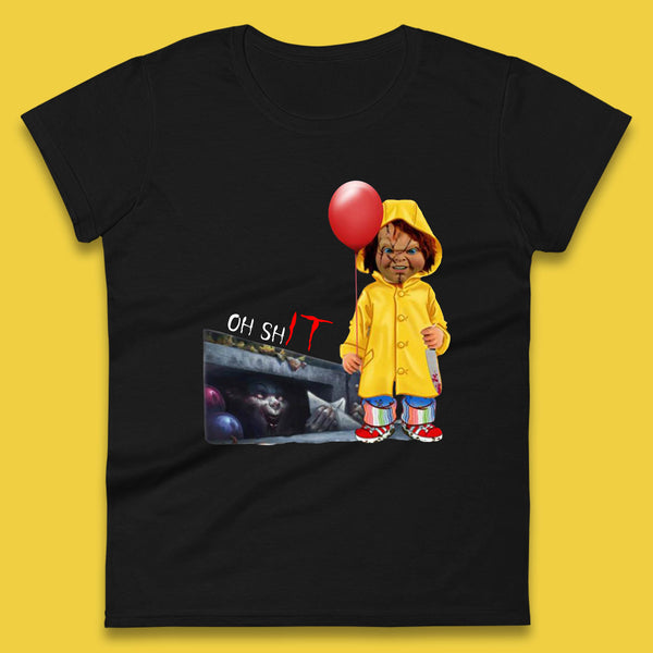 Oh Shit Pennywise Chucky Clown Spoof Halloween IT Pennywise Clown Horror Movie Character Womens Tee Top