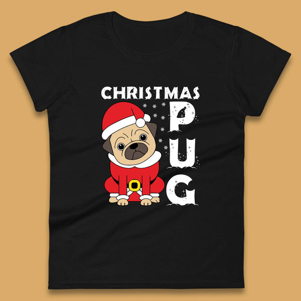 Christmas Pug Dog Wearing Santa Costume Funny Xmas Dog Lovers Womens Tee Top