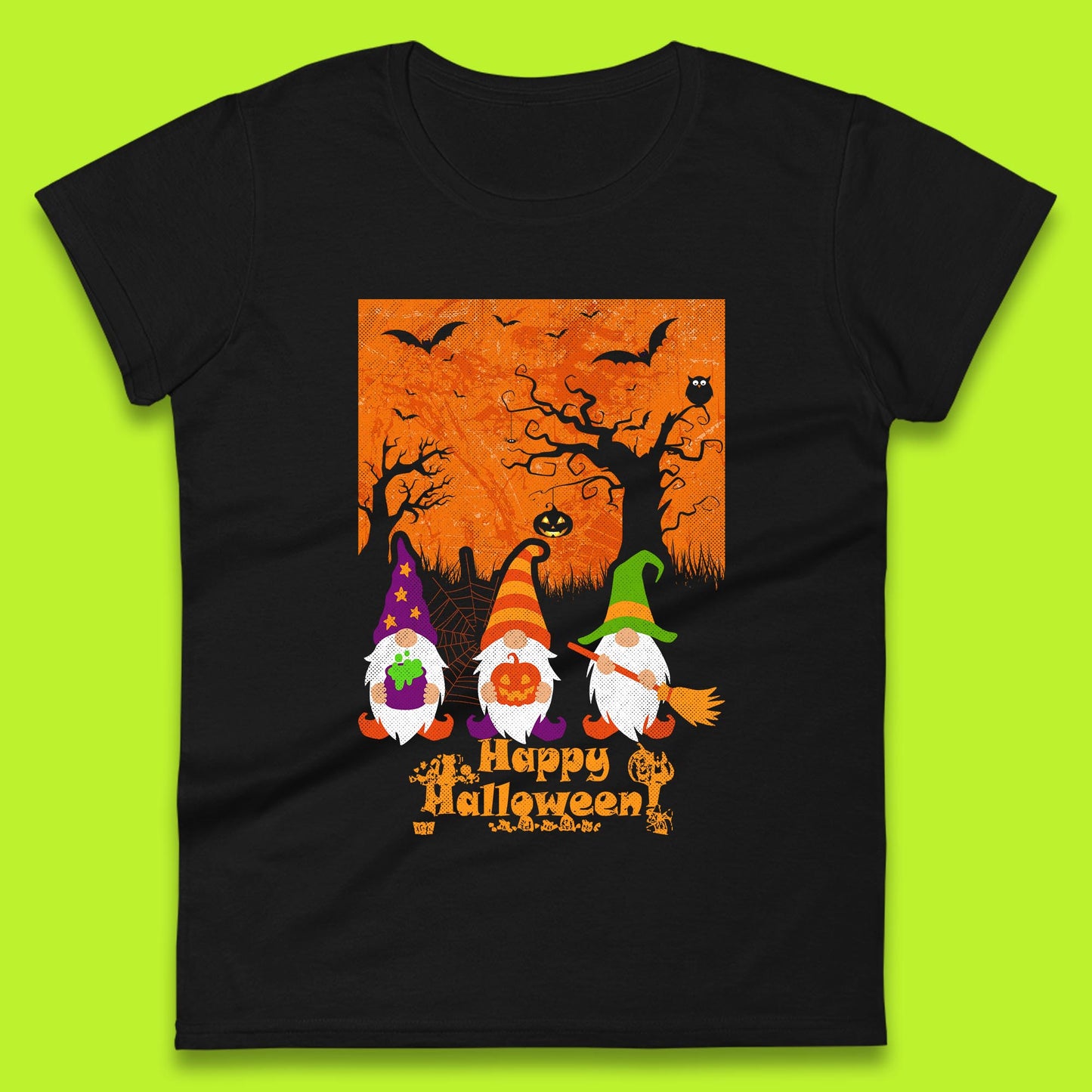 Happy Halloween Gnomies Spooky Witch Gnomes Scary Halloween Trees Gnome Lover Womens Tee Top