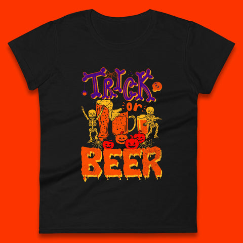 Trick Or Beer Halloween Drinking Beer Lover Dancing Skeleton Drinker Halloween Party Womens Tee Top