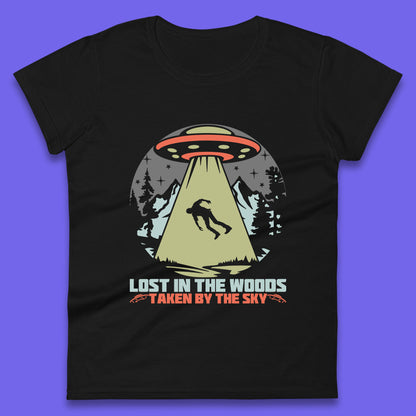 Lost In The Woods Taken By Sky Bigfoot Funny Sasquatch Getting Abducted By Aliens Camping Womens Tee Top