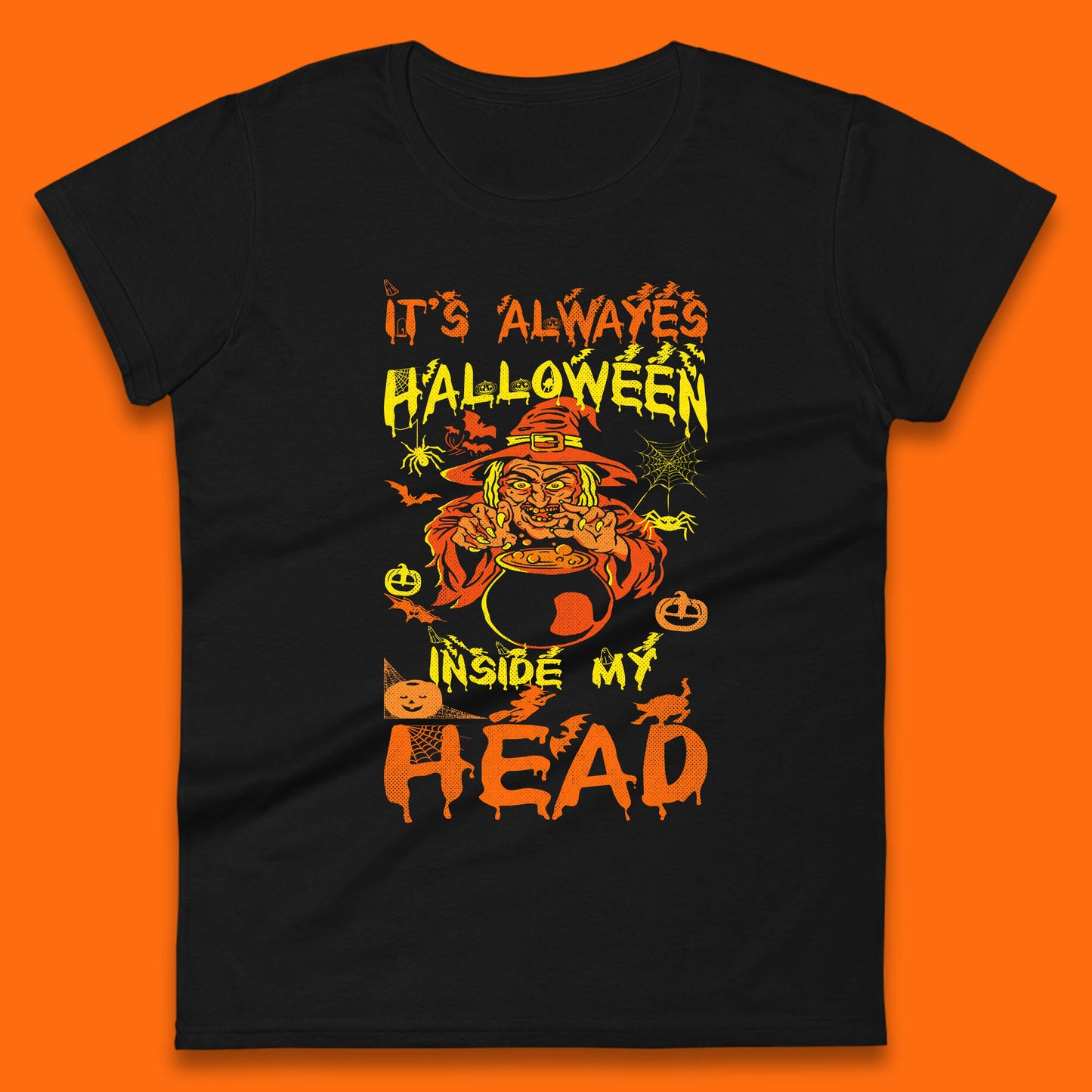 It's Always Halloween Inside My Head Witch Cooking A Magic Potion In The Cauldron (Stew Pot) Halloween Womens Tee Top