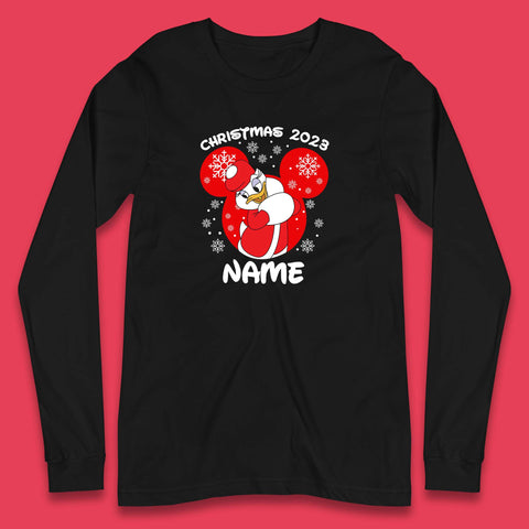 Personalised Christmas 2023 Your Name Santa Donald Duck And Daisy Duck Xmas Disney Mickey And Friends Long Sleeve T Shirt