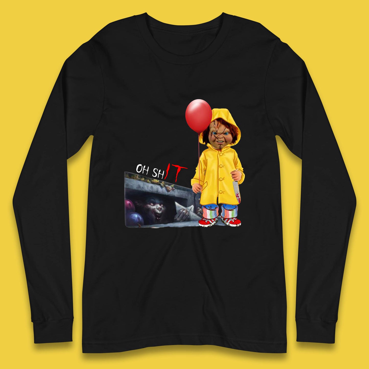Oh Shit Pennywise Chucky Clown Spoof Halloween IT Pennywise Clown Horror Movie Character Long Sleeve T Shirt