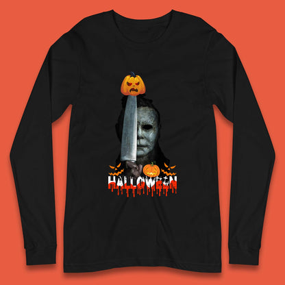 Halloween Michael Myers Holding Knife Pumpkin Horror Movie Character Serial Killer Long Sleeve T Shirt