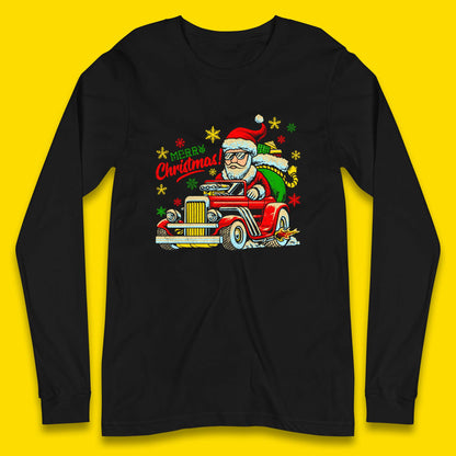santa drives a hot rod car long sleeve t shirt