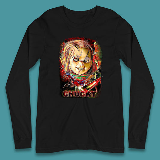 Chucky Distressed Childs Play Horror Monster Creepy Doll Toy Scary Halloween Scary Movie Character Long Sleeve T Shirt