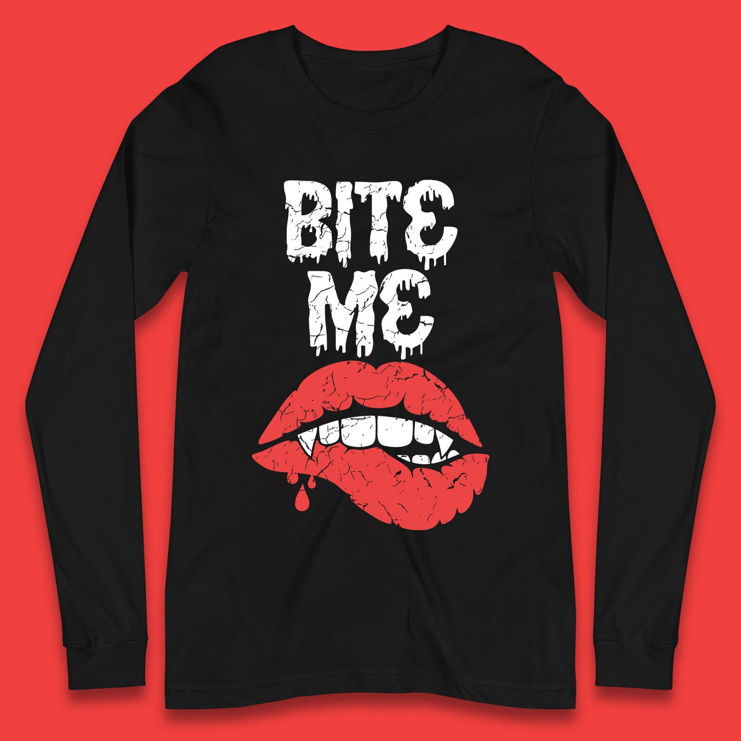 Bite Me Vampire Fangs Halloween Horror Lips Halloween Spooky Party Costume Long Sleeve T Shirt