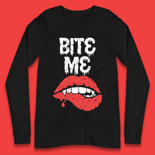 Bite Me Vampire Fangs Halloween Horror Lips Halloween Spooky Party Costume Long Sleeve T Shirt