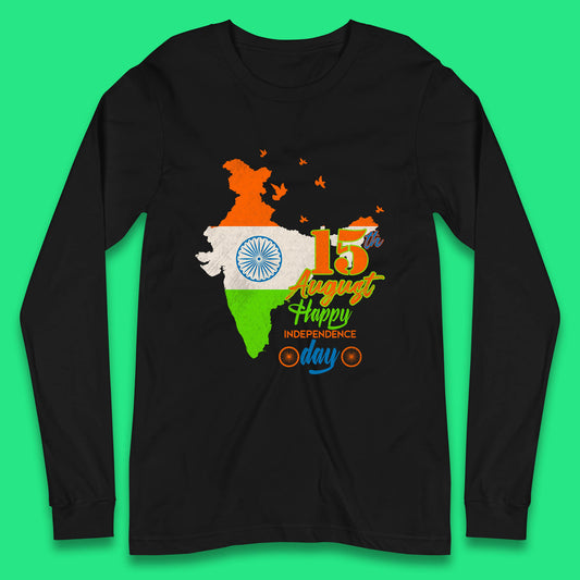 15th August India Happy Independence Day Patriotic Indian Map Flag Long Sleeve T Shirt