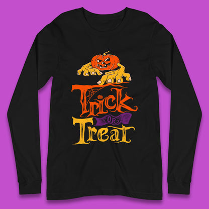 Halloween Trick Or Treat Horror Scary Evil Pumpkin With Zombie Hands Long Sleeve T Shirt