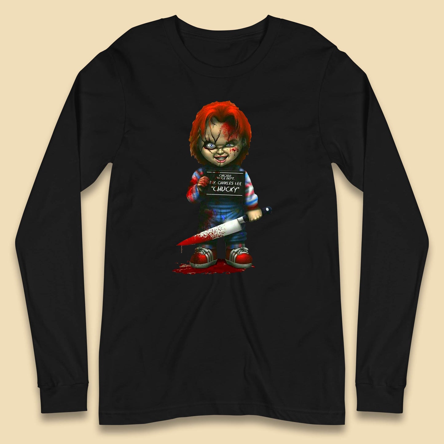 Chucky Mug Shot Chicago Police Dept Ray Charles Lee Chucky Halloween Horror Movie Long Sleeve T Shirt