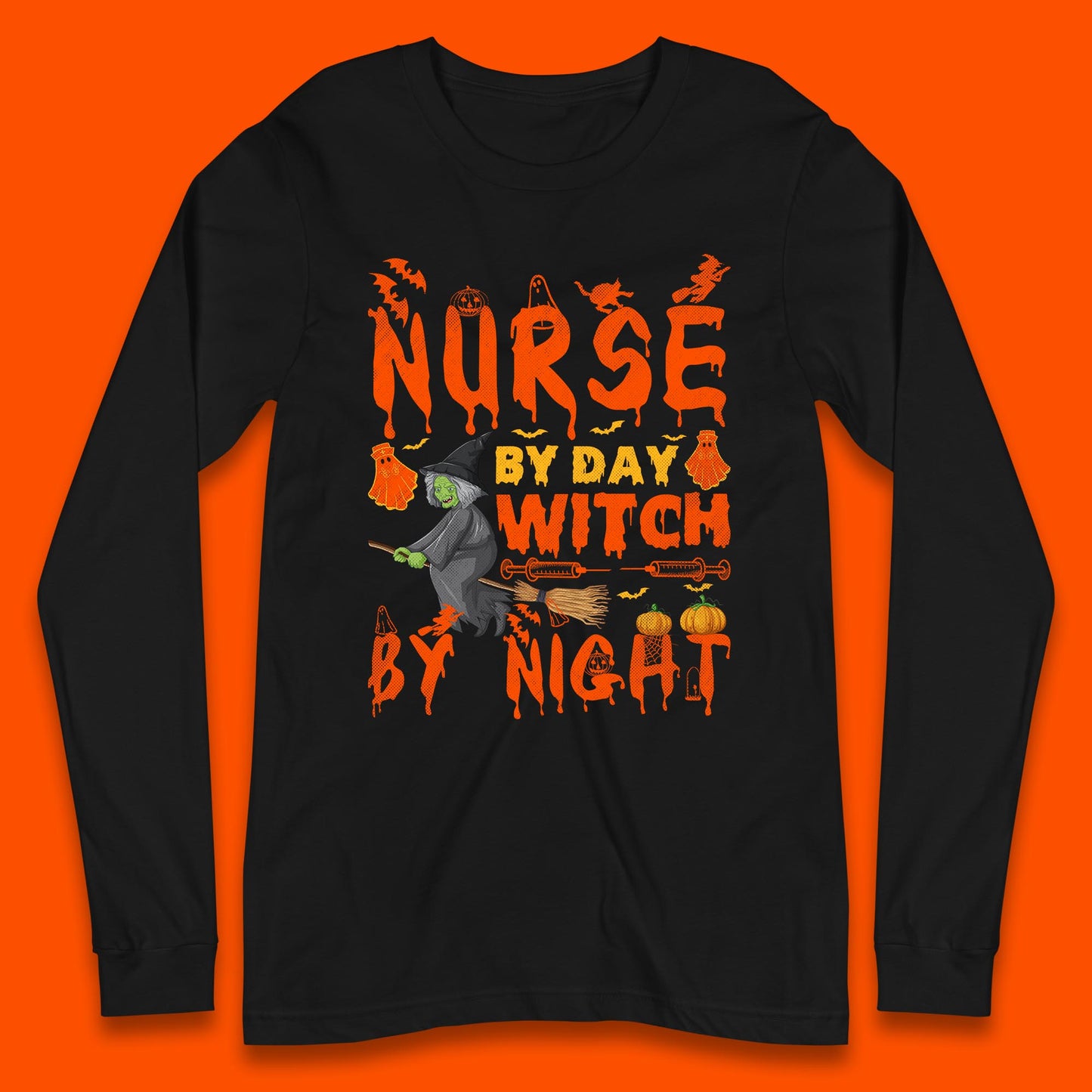 Nurse By Day Witch By Night Halloween Funny Nursing Spooky Nurse Long Sleeve T Shirt