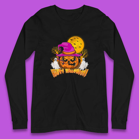 Happy Halloween Pumpkin Witch Hat Jack-o'-lantern With Full Moon Flying Bats Horror Scary Boo Ghost Long Sleeve T Shirt
