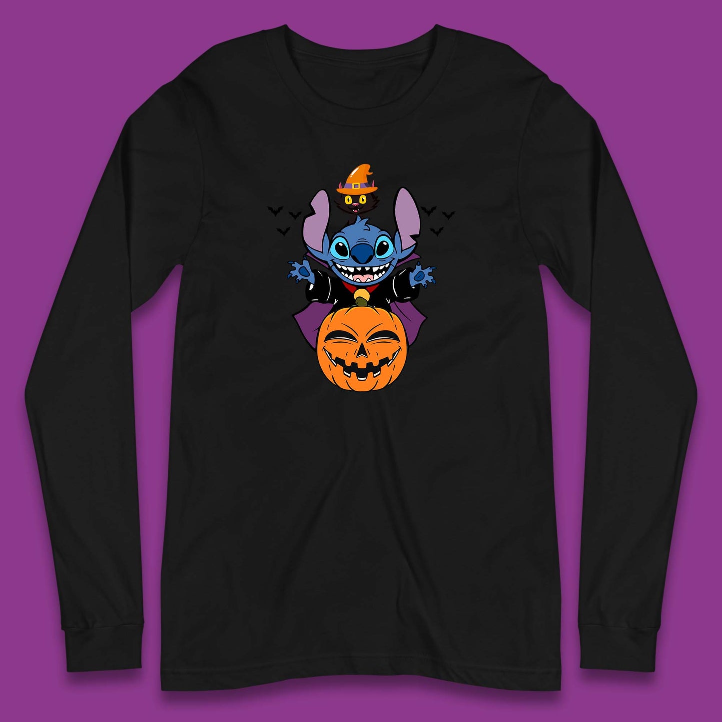 Disney Halloween Pumpkin Devil Stitch With Black Cat Horror Scary Disney Lilo & Stitch Long Sleeve T Shirt
