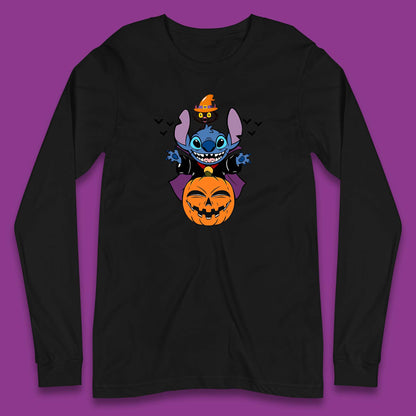 Disney Halloween Pumpkin Devil Stitch With Black Cat Horror Scary Disney Lilo & Stitch Long Sleeve T Shirt