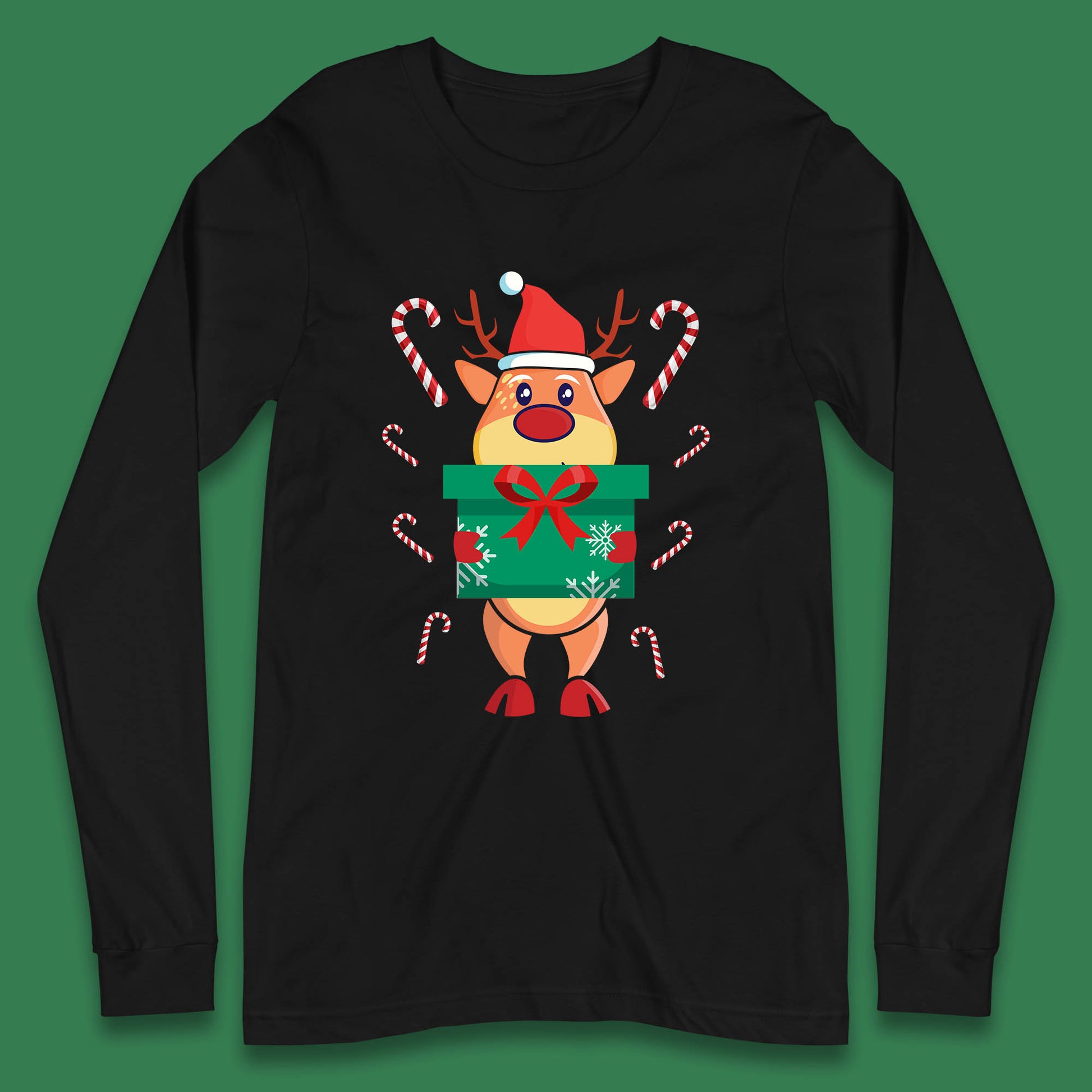 reindeer holding gift christmas long sleeve t shirt