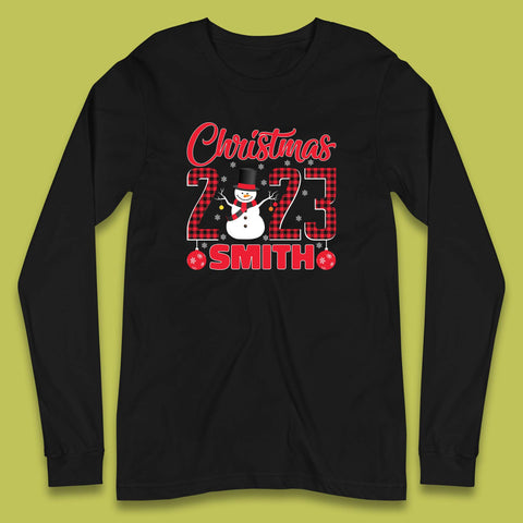Personalised Christmas 2023 Your Name Snowman Buffalo Plaid Xmas Long Sleeve T Shirt