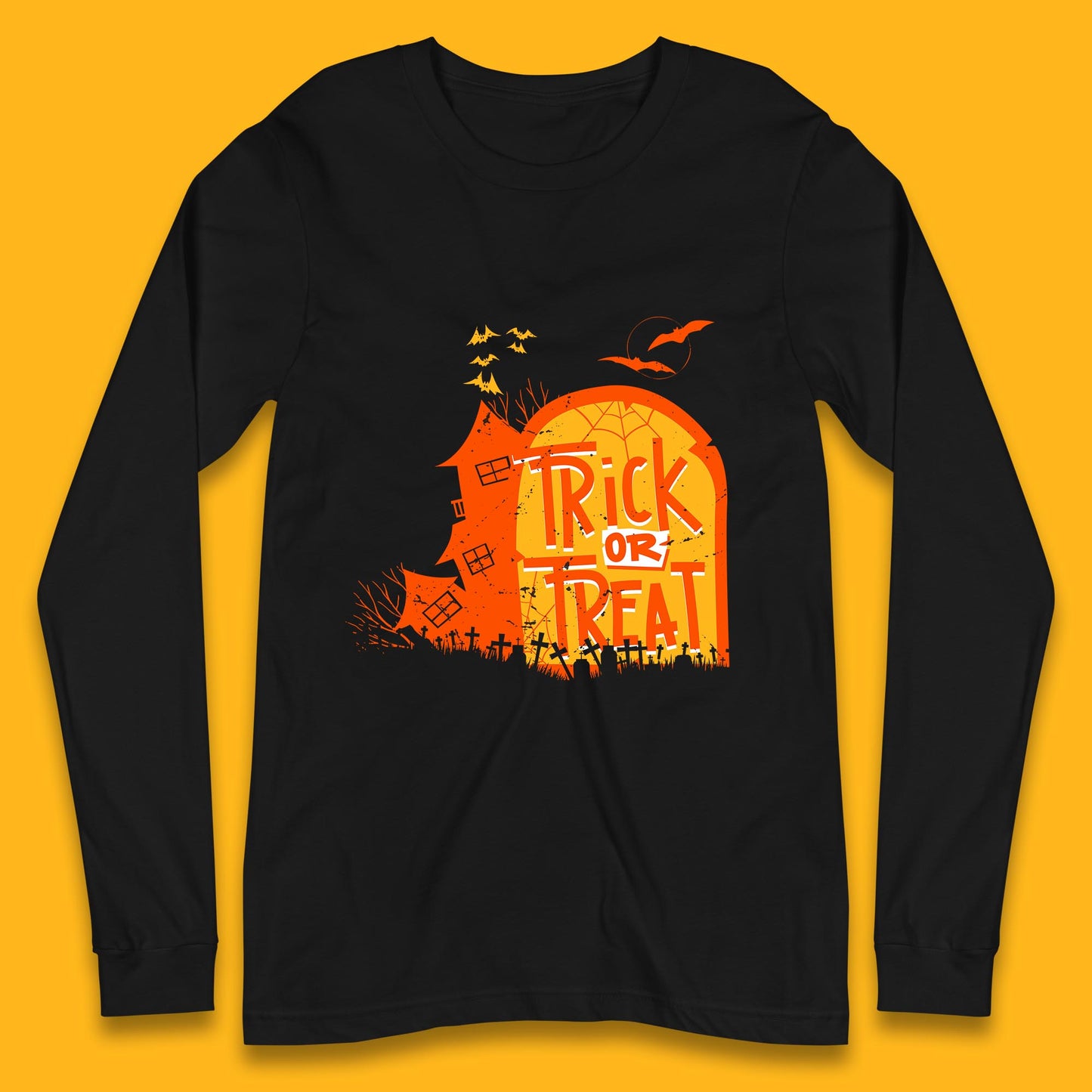 Trick Or Treat Halloween Terrific Abandoned Haunted House Flying Bats Long Sleeve T Shirt
