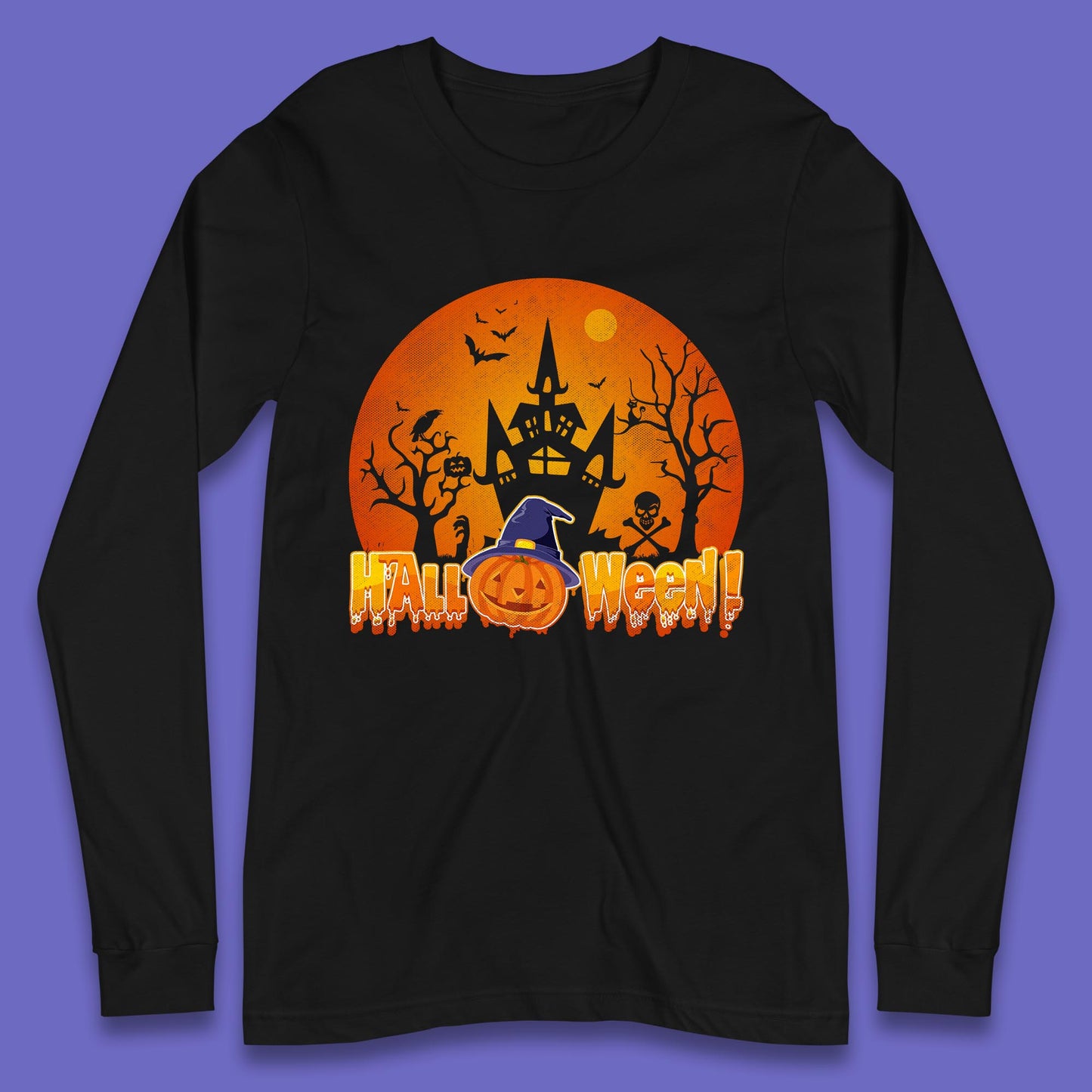 Halloween Pumpkin Witch Hat Haunted Castle Flying Bats Skull Bones Scary Dark Night Long Sleeve T Shirt