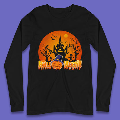 Halloween Pumpkin Witch Hat Haunted Castle Flying Bats Skull Bones Scary Dark Night Long Sleeve T Shirt