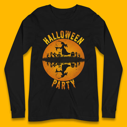 Halloween Party Flying Witch Horror Scary Spooky Season Scary Boo With Full Moon Long Sleeve T Shirt