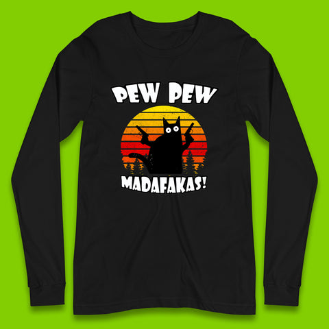 Pew Pew Madafakas Funny Joke Retro Vintage Cat Gun Pistol Kitty Pew Pew Cat Meme Long Sleeve T Shirt