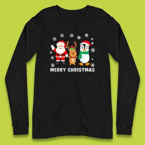 Merry Christmas Penguin, Santa Claus And Reindeer Xmas Long Sleeve T Shirt