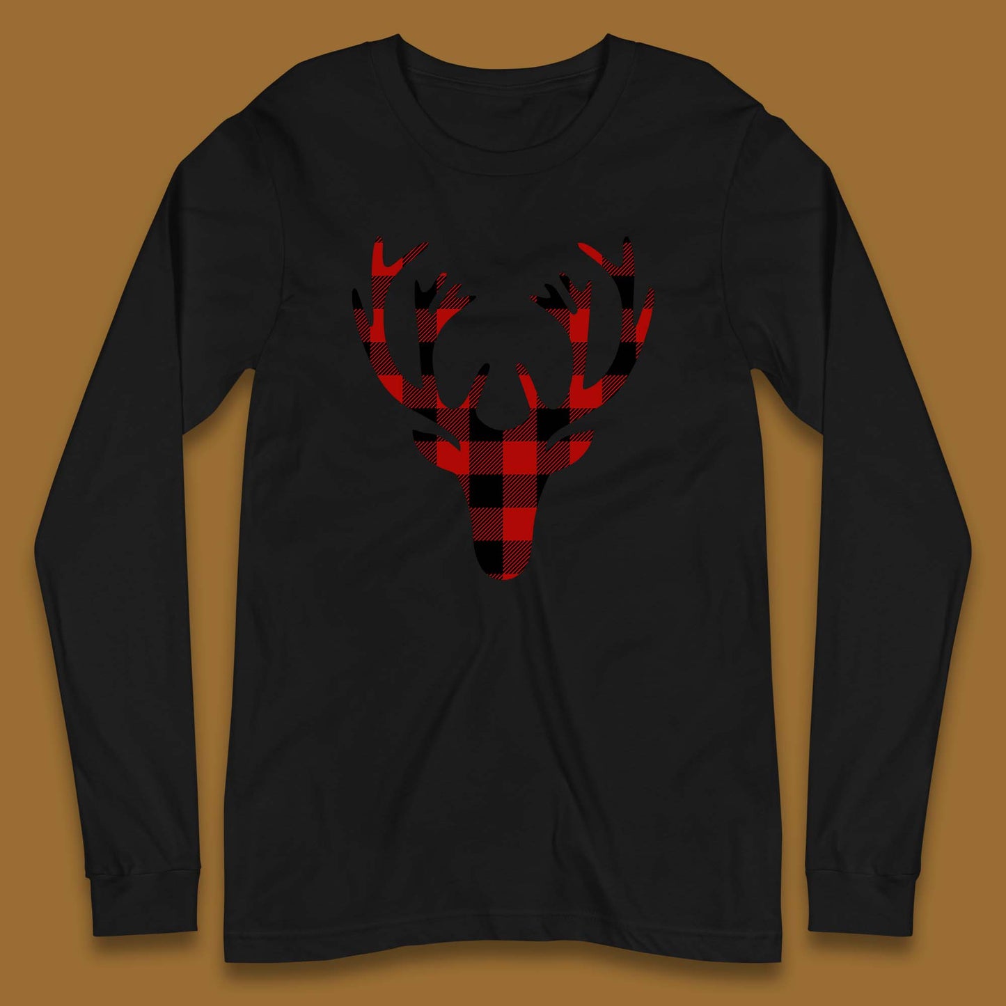 merry christmas buffalo plaid deer head long sleeve t shirt