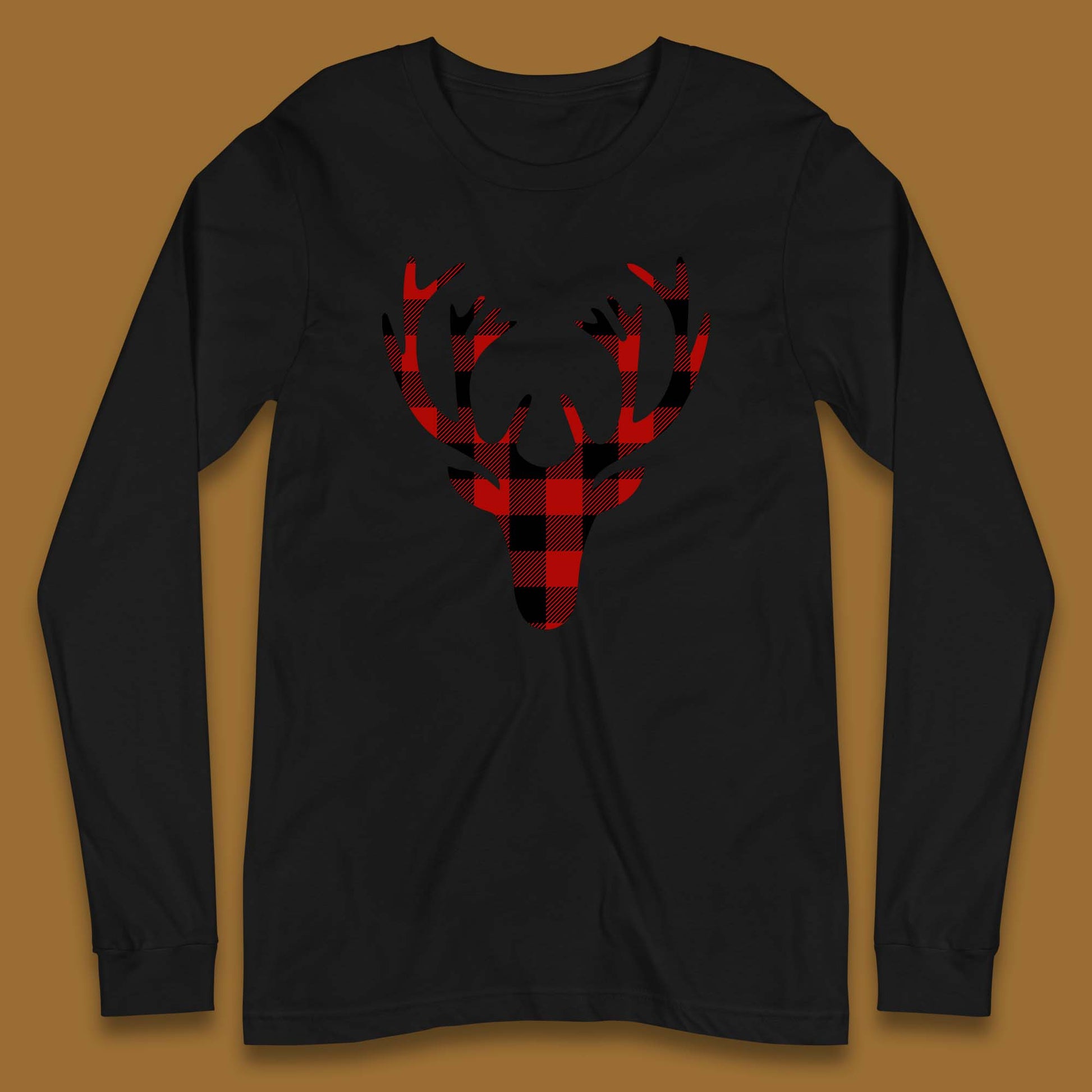 merry christmas buffalo plaid deer head long sleeve t shirt