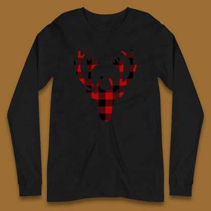 merry christmas buffalo plaid deer head long sleeve t shirt