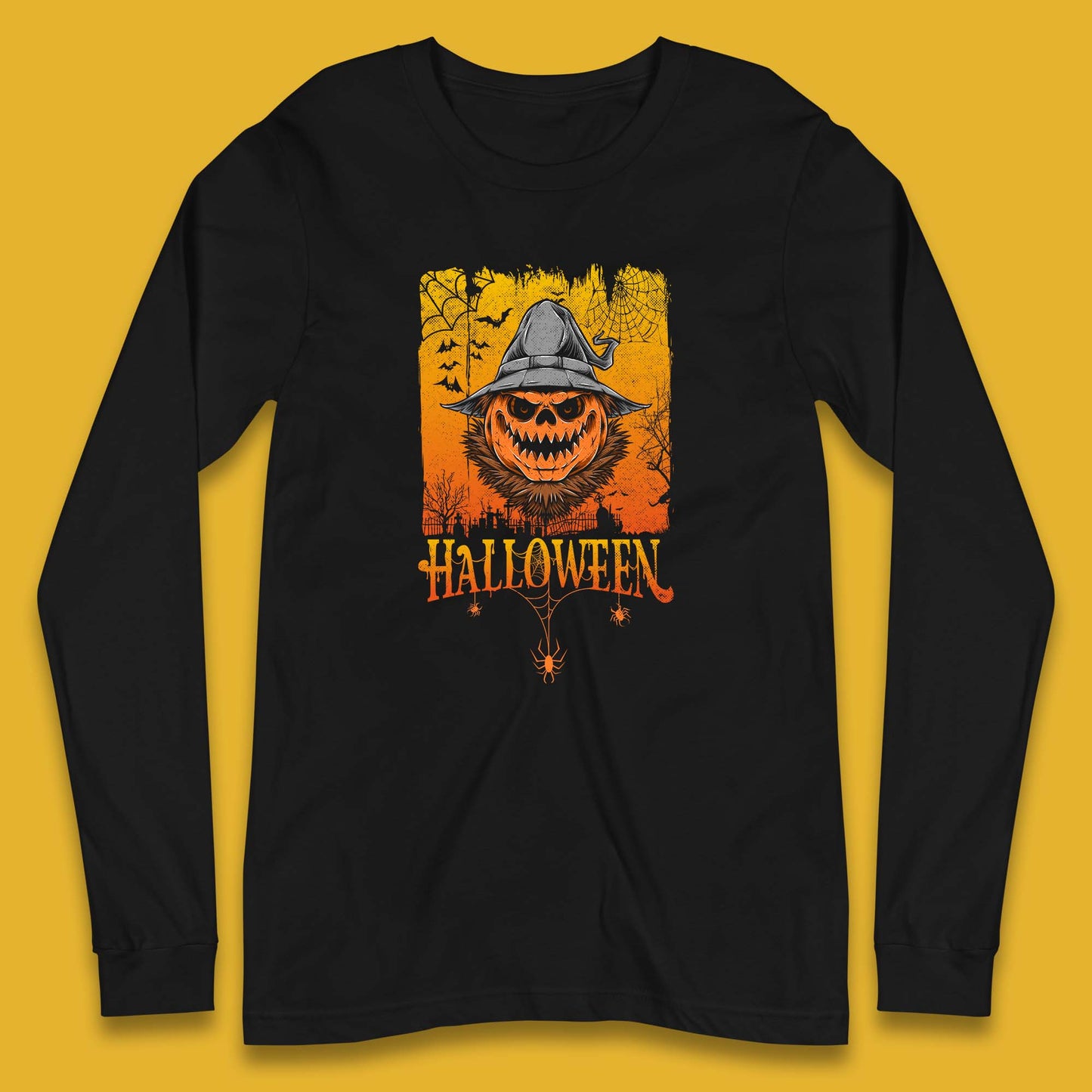 Angry Halloween Scary Evil Pumpkin Funny Pumpkin Head With Fire Eyes Scary Spooky Season Long Sleeve T Shirt