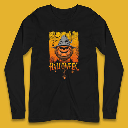 Angry Halloween Scary Evil Pumpkin Funny Pumpkin Head With Fire Eyes Scary Spooky Season Long Sleeve T Shirt