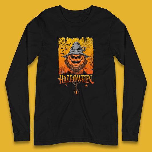Angry Halloween Scary Evil Pumpkin Funny Pumpkin Head With Fire Eyes Scary Spooky Season Long Sleeve T Shirt