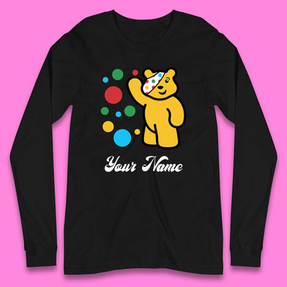 Personalised Spotty Pudsey Bear Hand Waving Dotty Spot Your Name Fundraising Spotty Bear Spotty Day Long Sleeve T Shirt