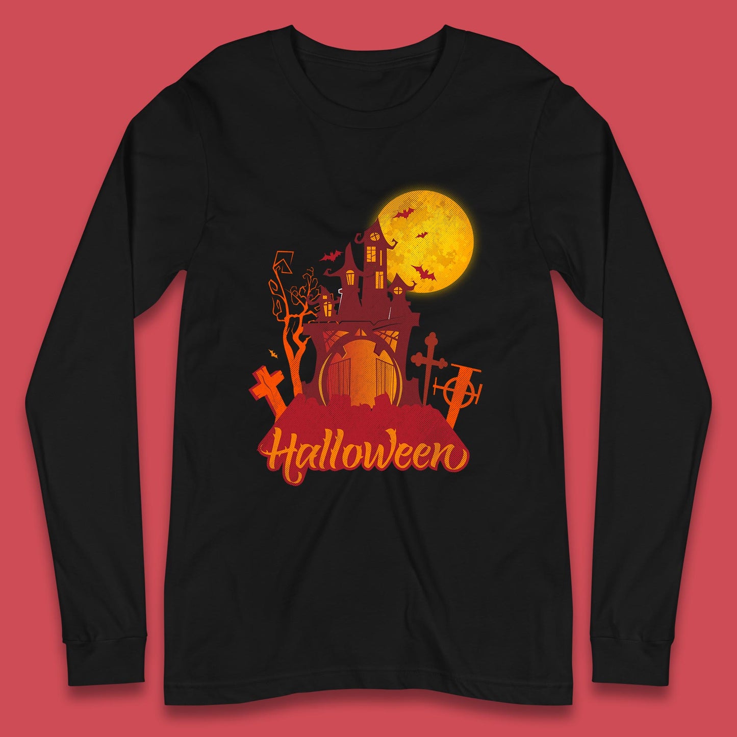 Halloween Lettering With Full Moon Scary Haunted House Flying Bats Horror Graveyard Long Sleeve T Shirt
