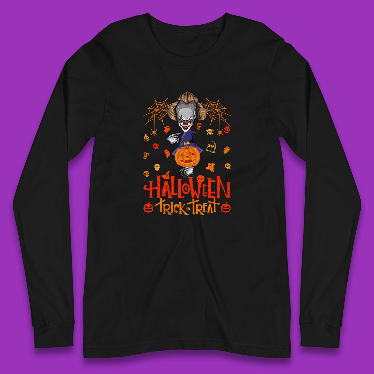 Halloween Trick Or Treat Witch Hat Pumpkin IT Pennywise Clown Horror Scary Movie Fictional Character Long Sleeve T Shirt