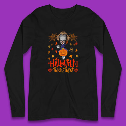 Halloween Trick Or Treat Witch Hat Pumpkin IT Pennywise Clown Horror Scary Movie Fictional Character Long Sleeve T Shirt