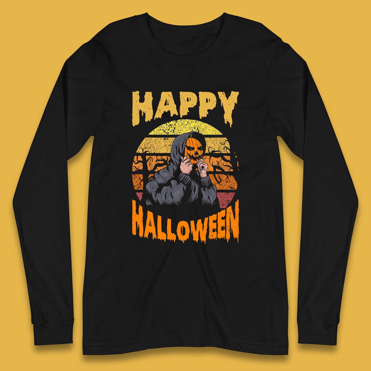 Happy Halloween Jack O Lantern Pumpkin Head Horror Scary Vintage Retro Halloween Long Sleeve T Shirt