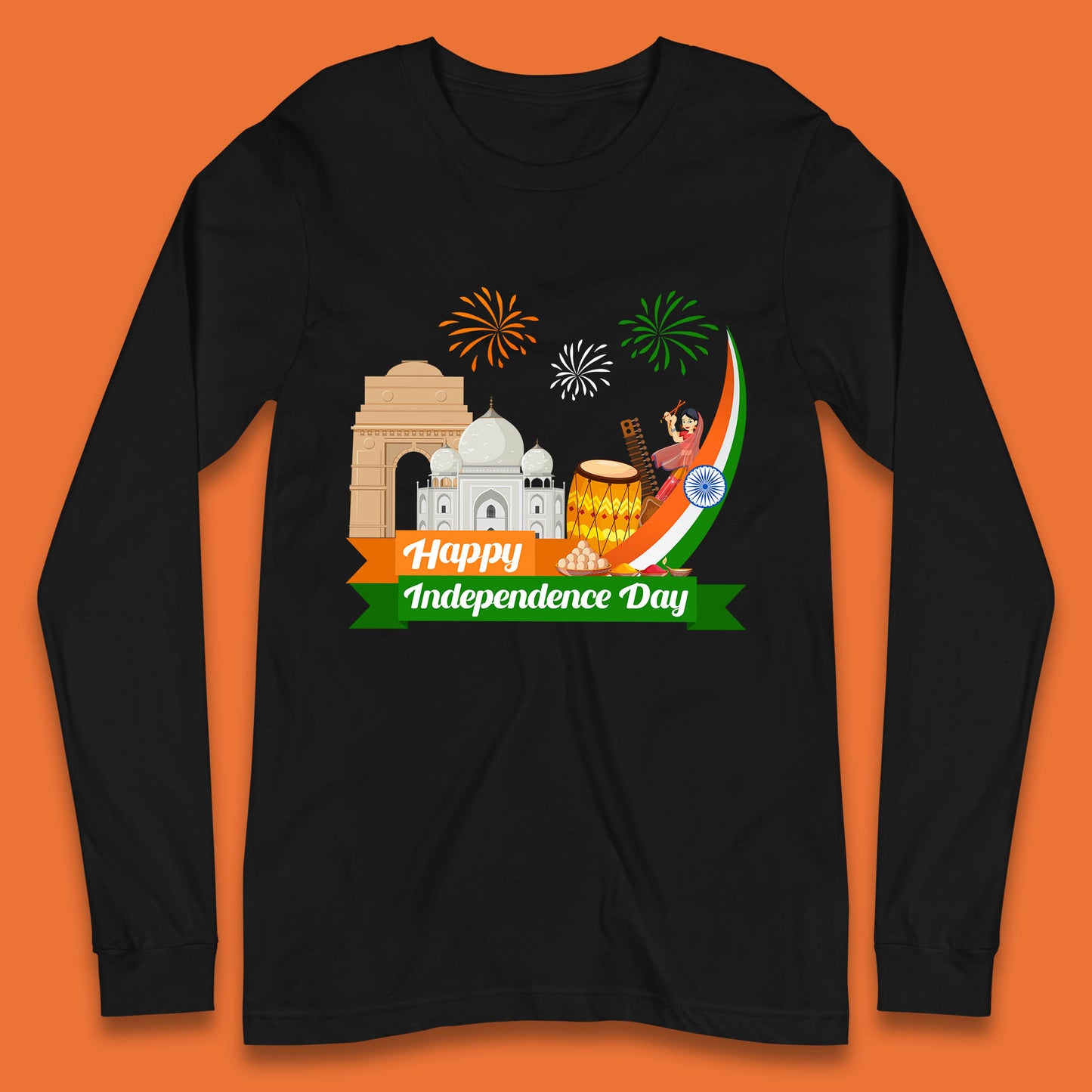 Happy India Independence Day 15th August Patriotic Indian Flag India Architectural Landmarks Long Sleeve T Shirt