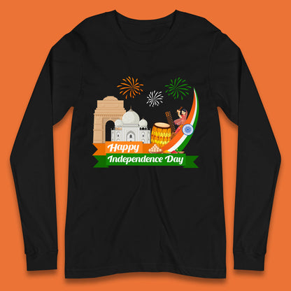 Happy India Independence Day 15th August Patriotic Indian Flag India Architectural Landmarks Long Sleeve T Shirt