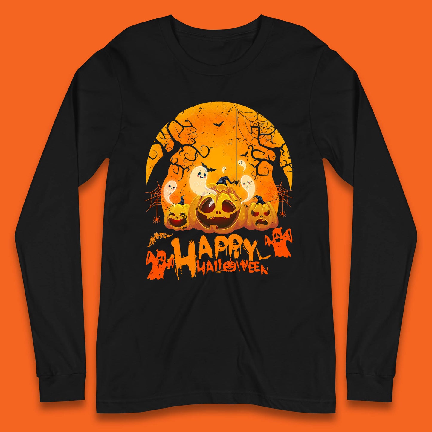 Happy Halloween Jack O Lantern Pumpkins Scary Boo Ghost Haunted Trees Long Sleeve T Shirt