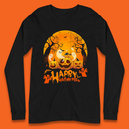 Happy Halloween Jack O Lantern Pumpkins Scary Boo Ghost Haunted Trees Long Sleeve T Shirt